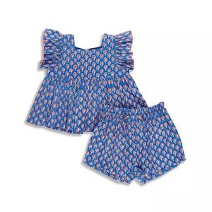 Pink Chicken girls 8Y Blue Floral Ruffle Top and Shorts Set